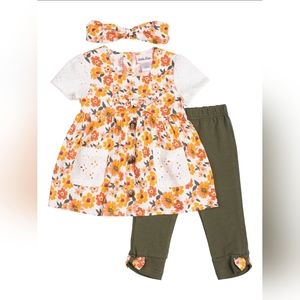 NWT Little Lass Orange/green Floral outfit w/hair bow 24months
